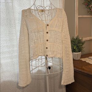 Rebellion Again White Long Sleeve Crochet Top, w/5 buttons, Size M